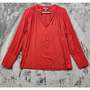 NEW Chelsea28 Top Womens M Red Poinsettia Shirred Split Neck Long‎ Sleeve Blouse